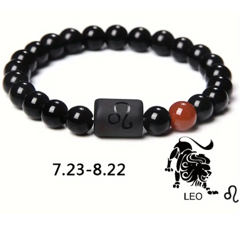 Leo Zodiac Signs Charm Bracelet Natural 8mm Black Onyx Stone Beads